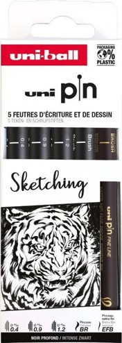 3296280047744 - Set van 5 zwarte tekenstiften Uni-pin ‘Sketching’brush