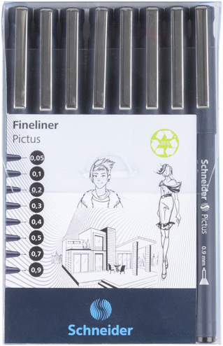 4004675150912 - Fineliner Schneider Pictus Etui 8st. (zwart 0.05, 0.1, 0.2,0.3, 0.4,0.5,0.7 en 0.9mm)