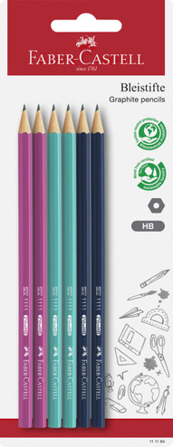 4005401111849 - Potlood Faber-Castell 1111 HB 6 stuks op blister kleuren: roze, aqua en d.blauw
