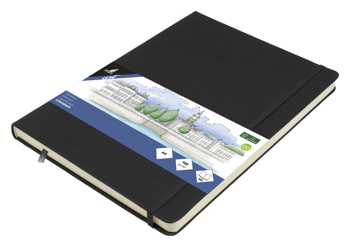 8712127137232 - Schetsboek Kangaro A4 zwart PU HC 80 vel 140gr roomwit met elastiek en lint